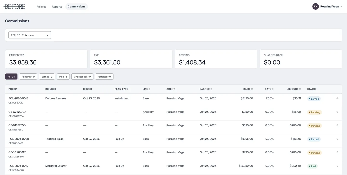 The Before platform's commissions page, showing earned, paid and pending amounts for each policy