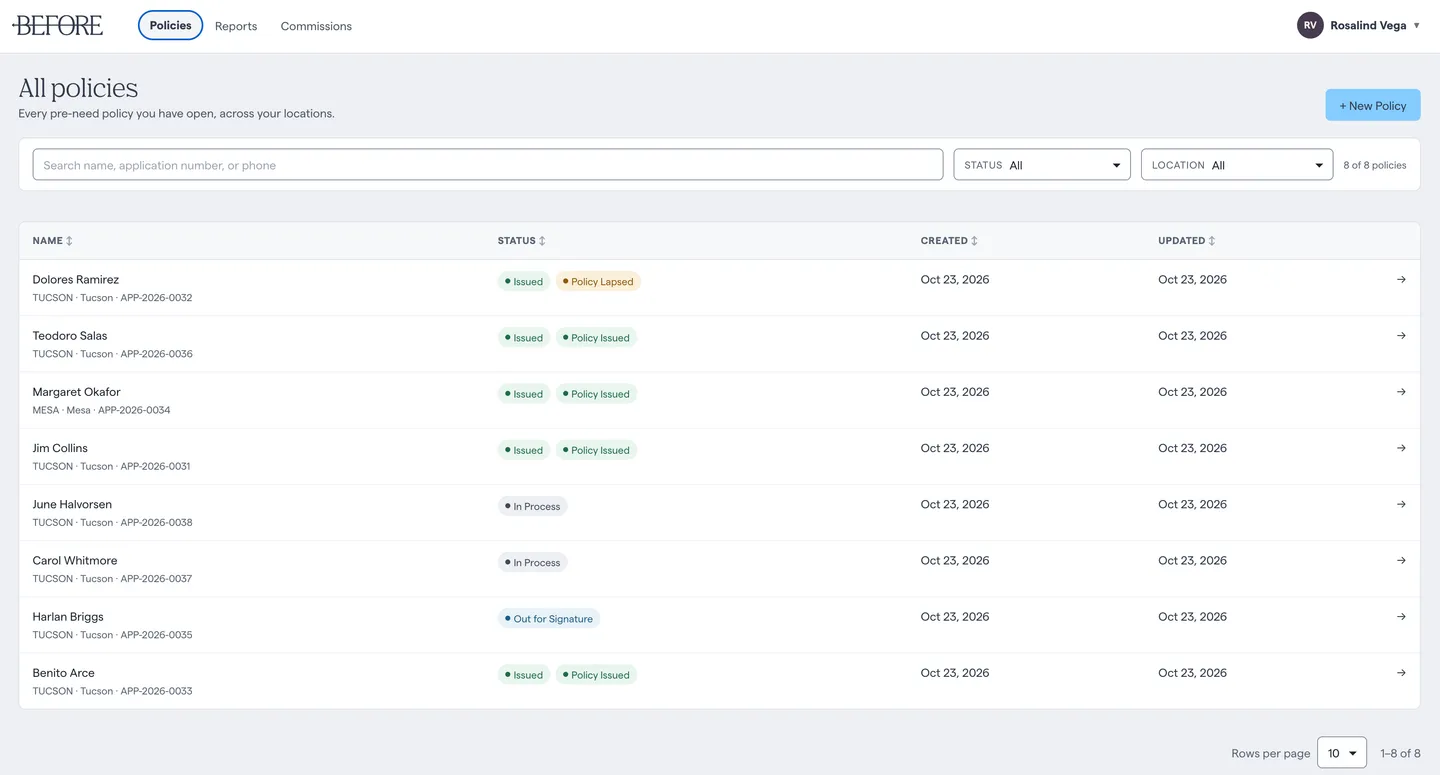The Before platform showing every pre-need policy across a funeral home's locations, with each one's status